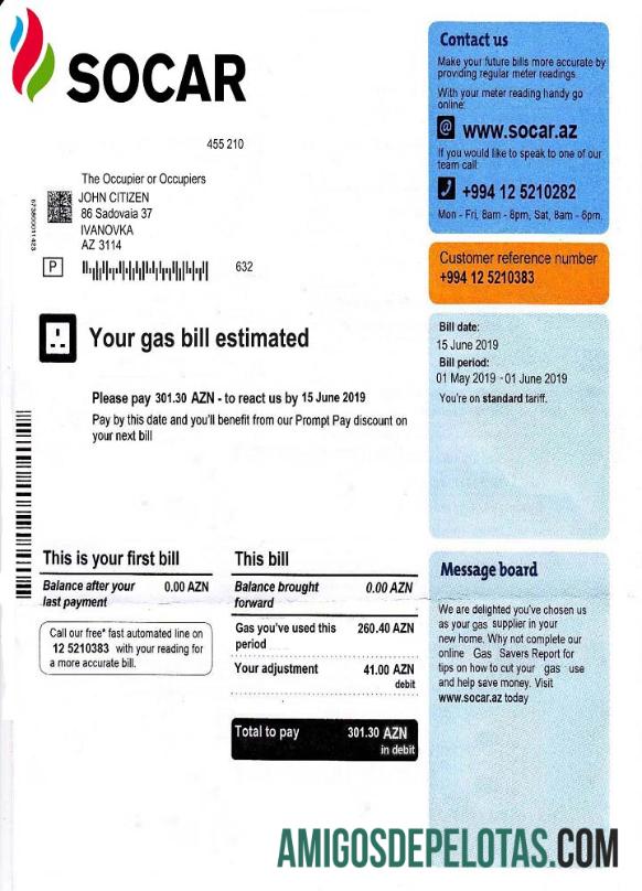 imprimível Modelo de conta de serviços públicos de gás Socar do Azerbaijão, totalmente editável em formato PSD